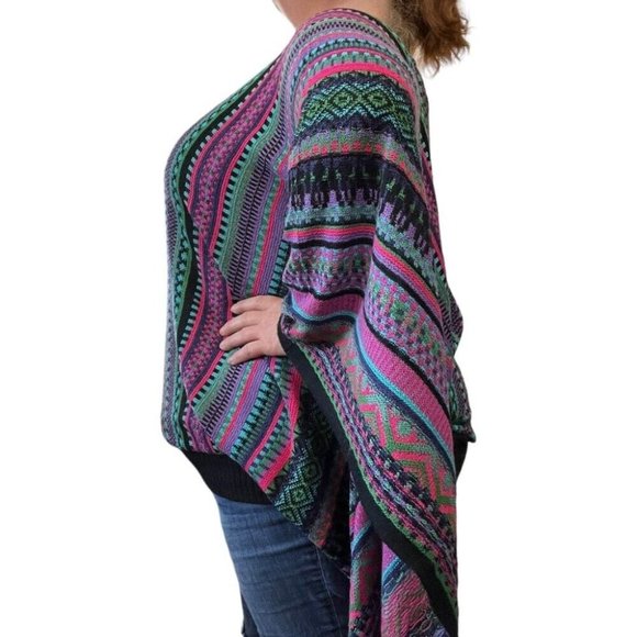 Novica Womens Striped Batwing Poncho Lightweight Sweater Aztec Boho Tribal - Picture 2 of 7